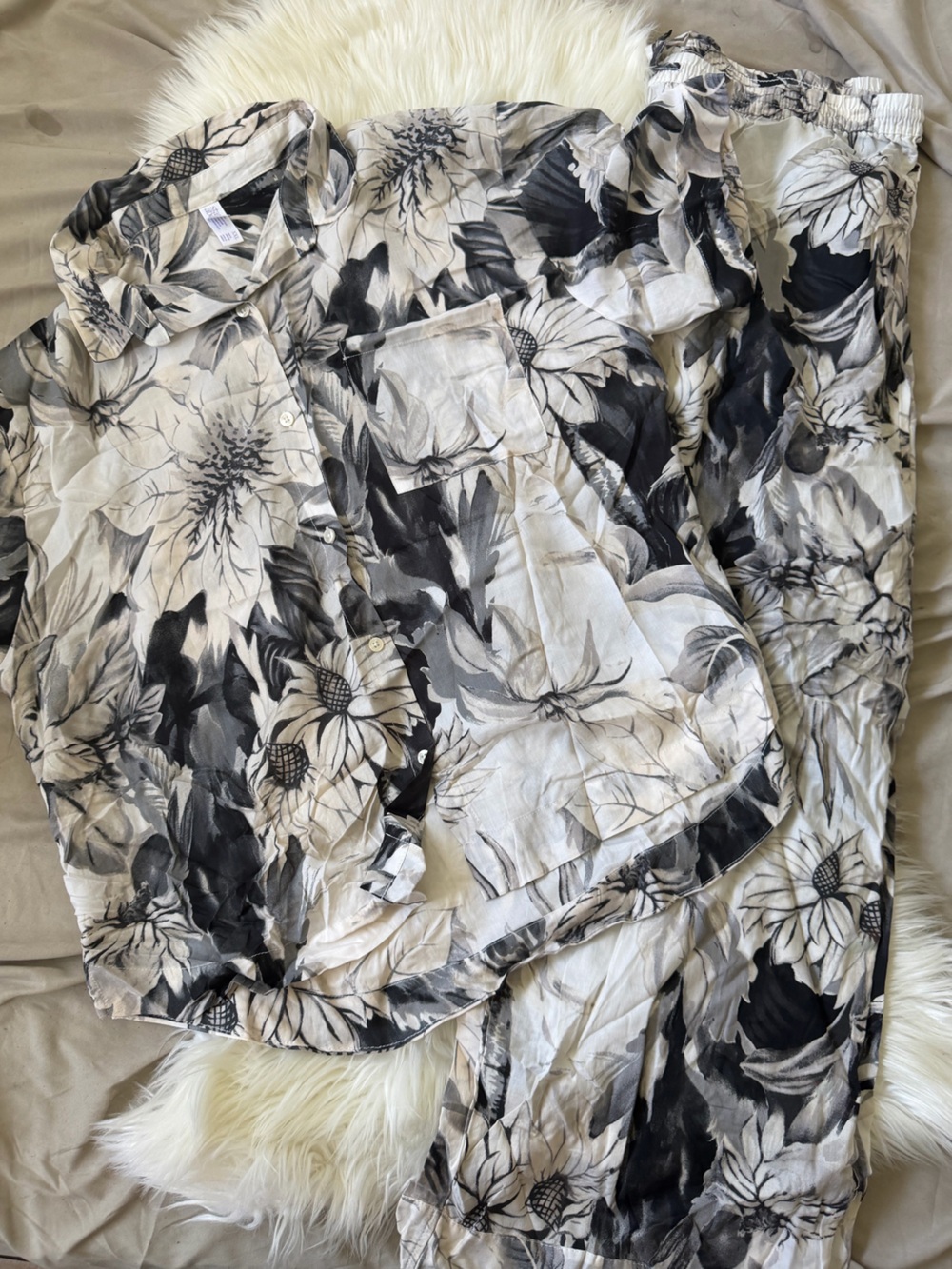 Black & White Floral Button-Up Top and Pants Set